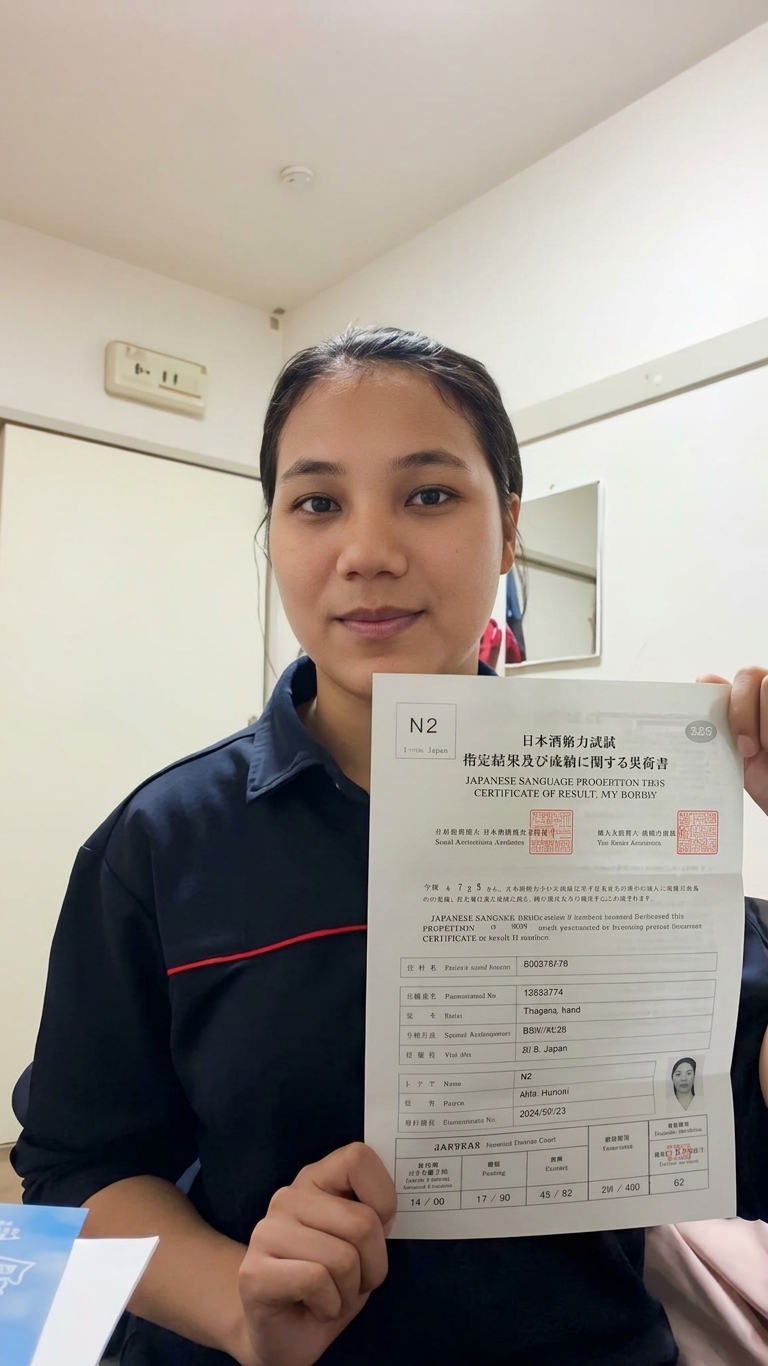 N2 の合格証書を手にする Mina Tamang